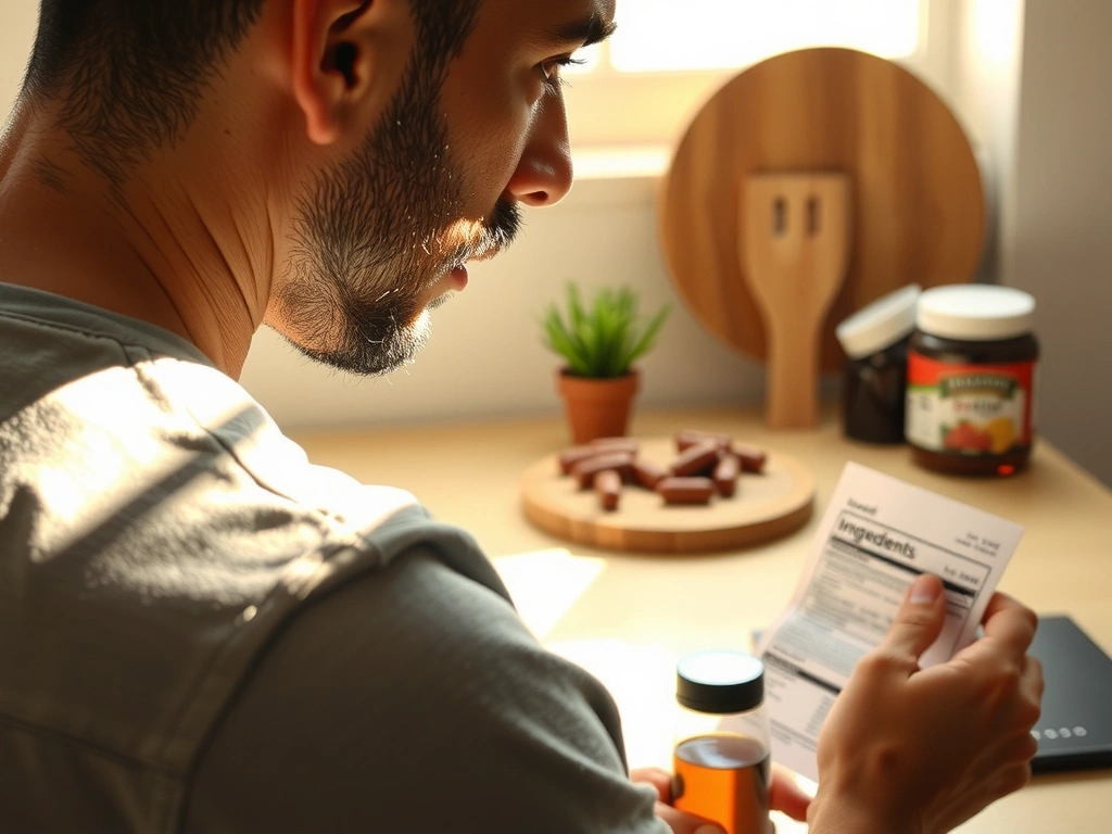 Osoba czytająca etykietę suplementu w kuchni